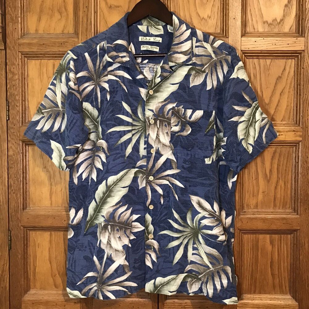 Vtg. Batik Bay 100% Silk Hawaiian Shirt Men's M  Blue Tan SS Top Loop Button Up - Picture 2 of 11